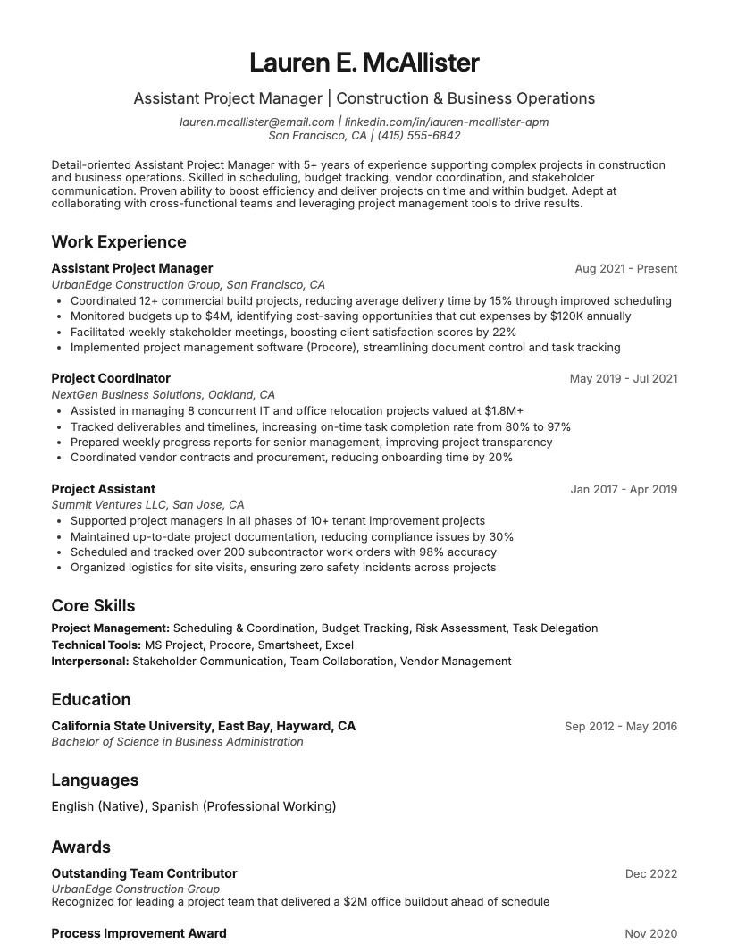 Assistant Project Manager Resume Example