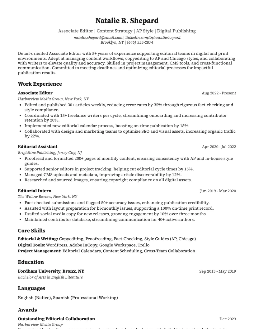 Content Editor Resume Example