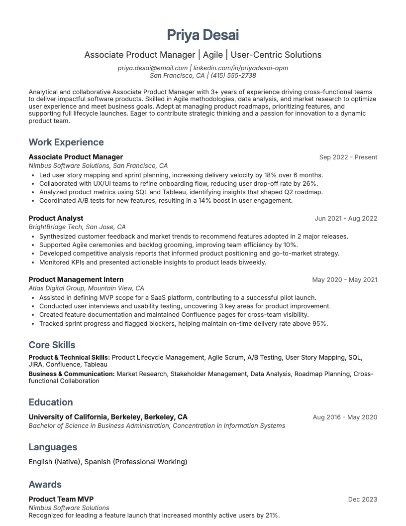 Associate Product Manager Resume Example