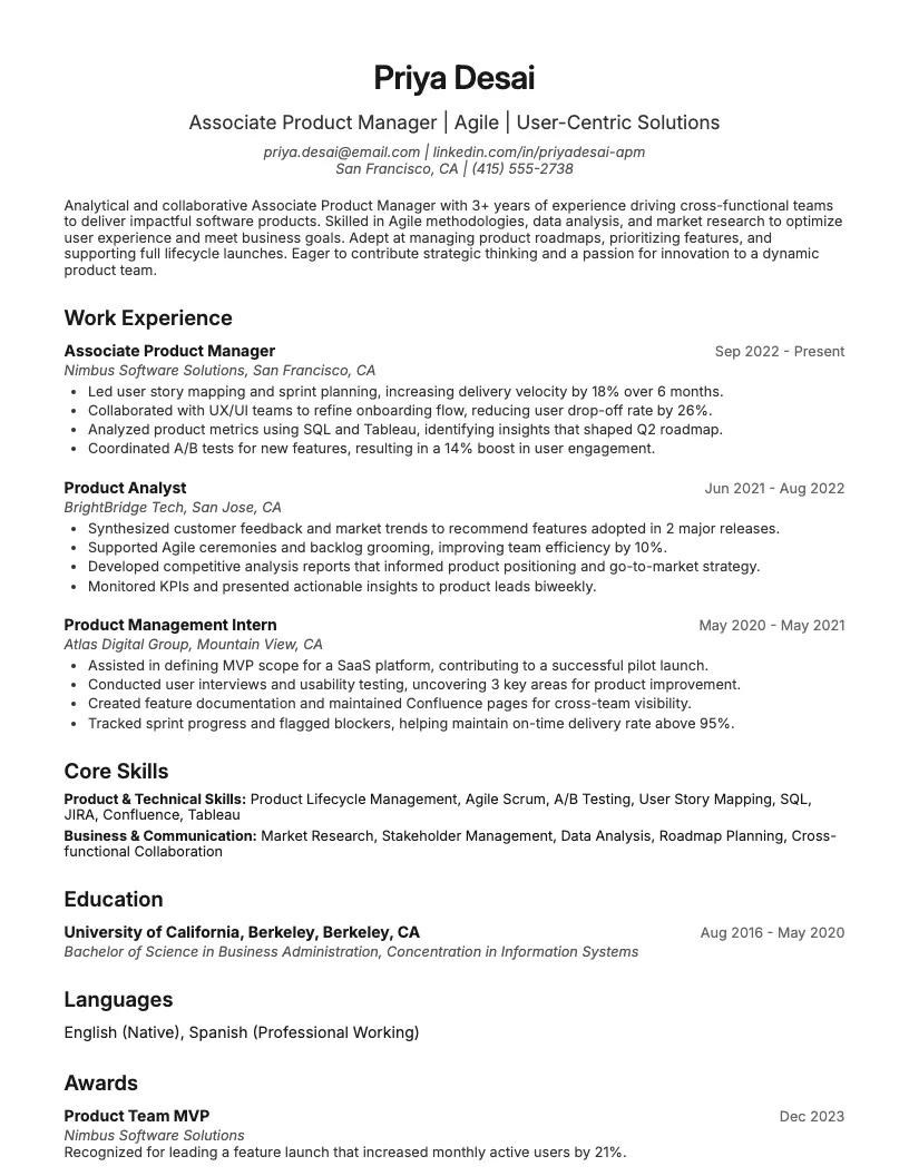 Associate Product Manager Resume Example