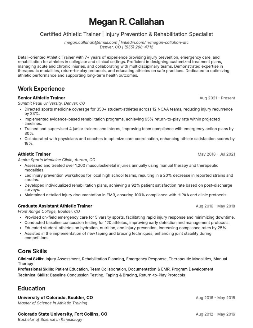 Athletic Trainer Resume Example