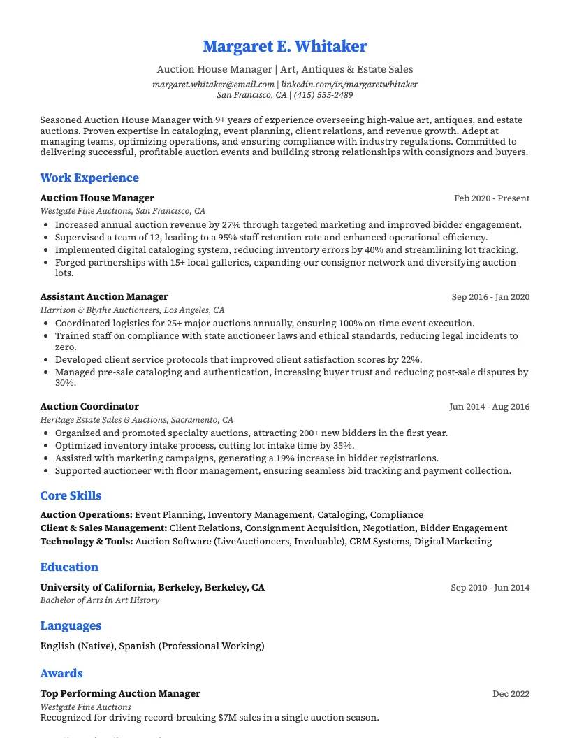 Auction House Specialist Resume Example