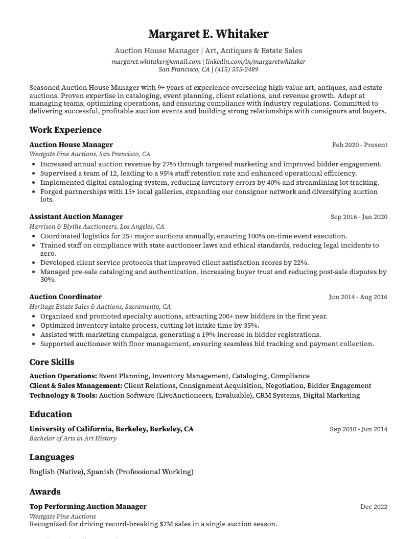 Estate Sale Coordinator Resume Example