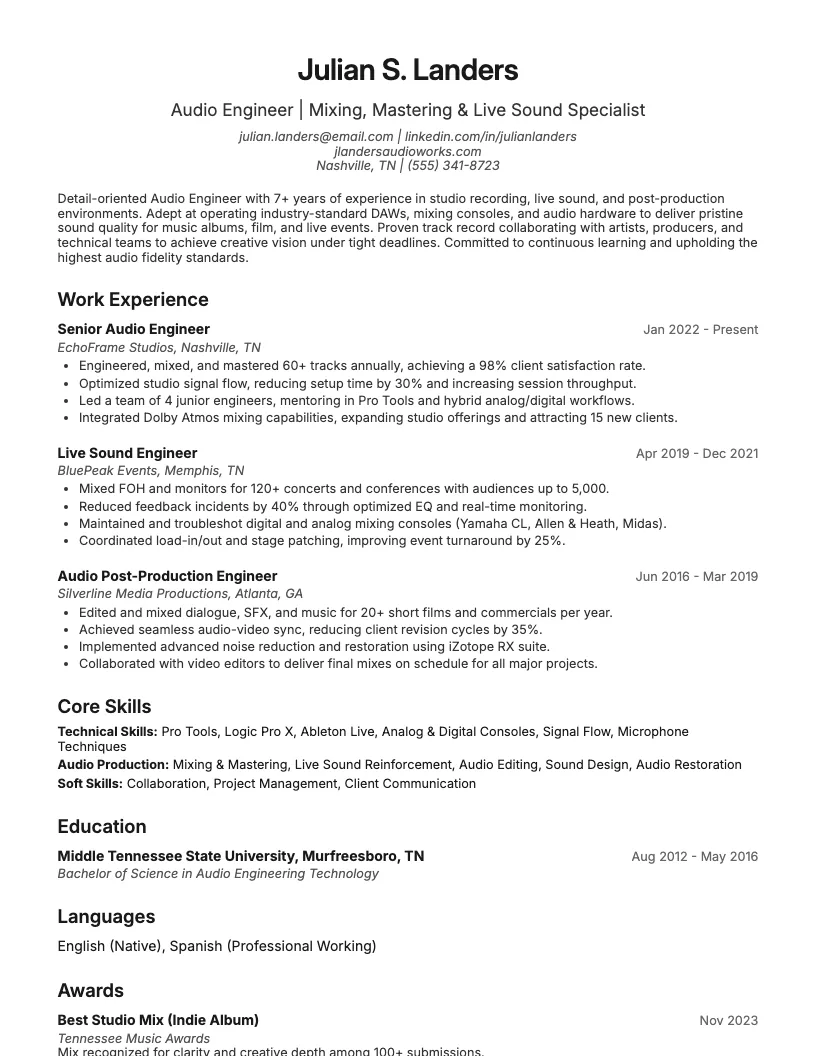 Audio Engineer Resume Example
