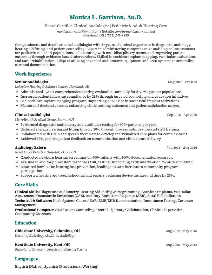 Clinical Audiologist Resume Example