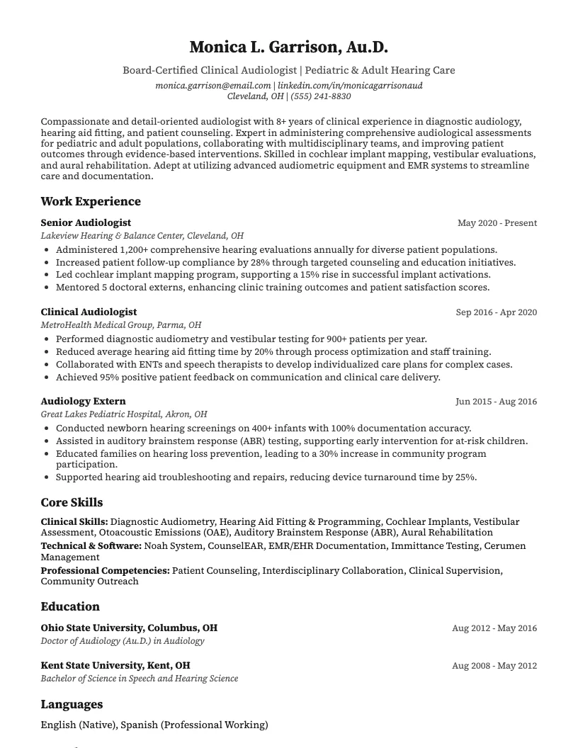 Audiologist Resume Example