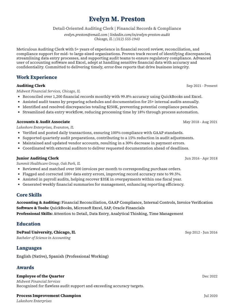 Payroll Clerk Resume Example