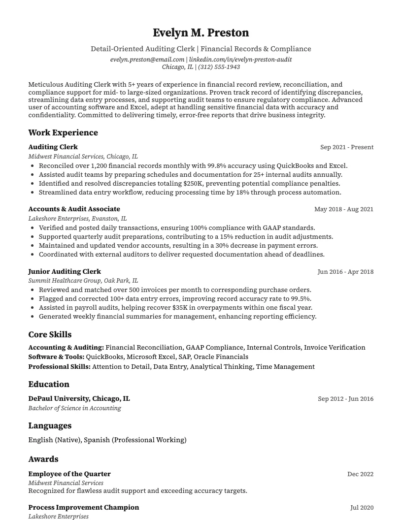 Auditing Clerk Resume Example