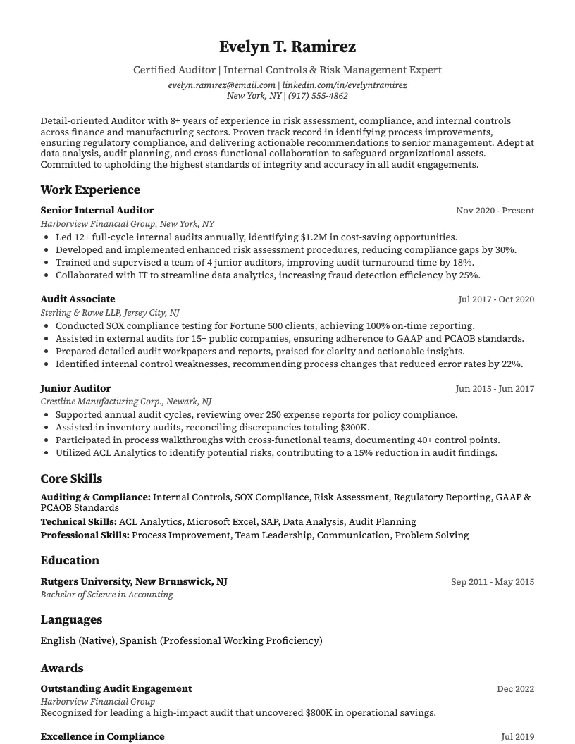 Junior Auditor Resume Example