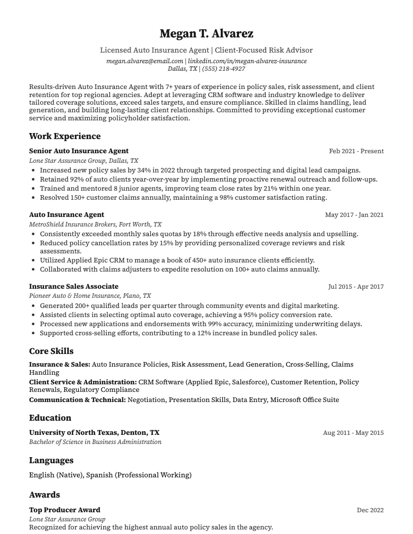 Auto Insurance Agent Resume Example