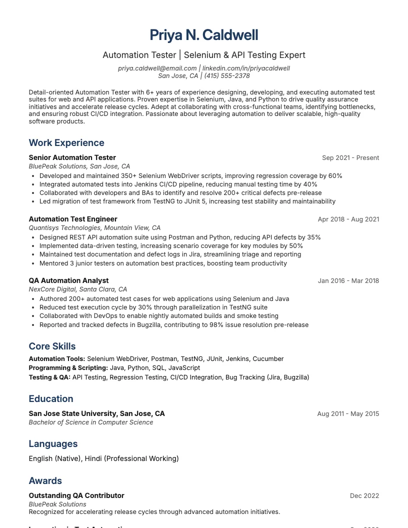 SDET (Software Development Engineer in Test) Resume Example