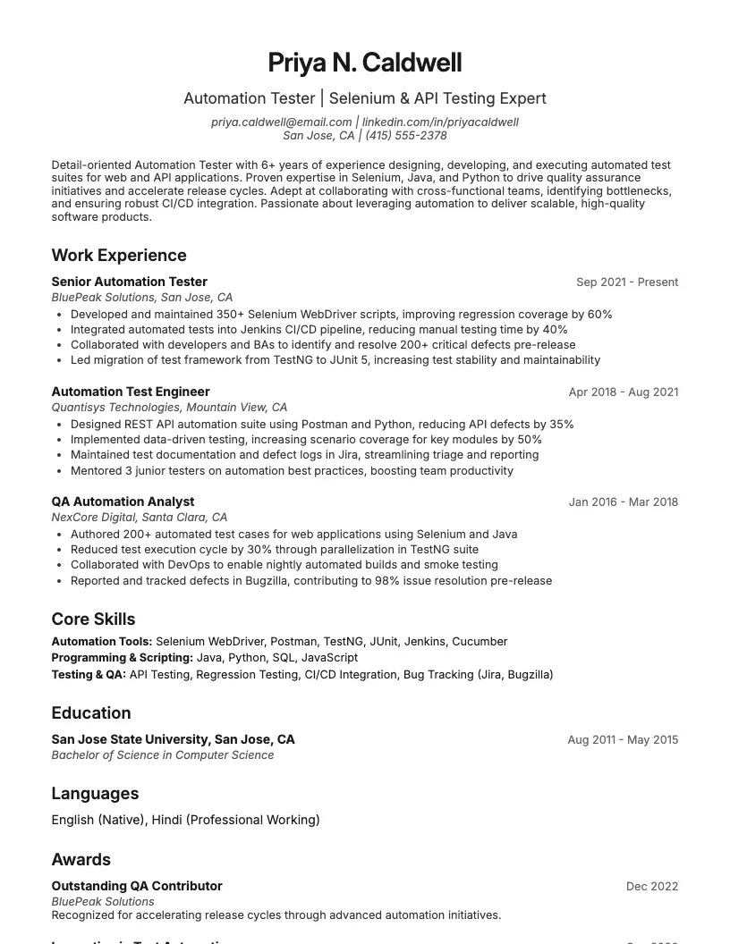 QA Engineer Resume Example
