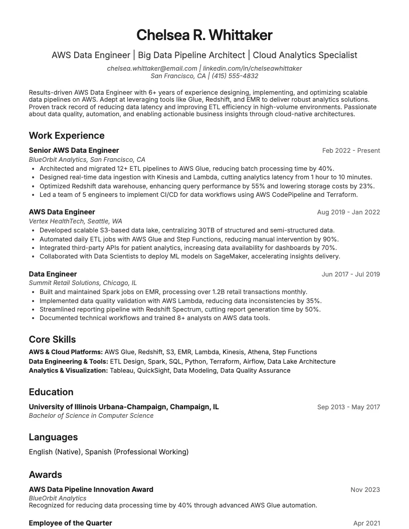 AWS Data Engineer Resume Example