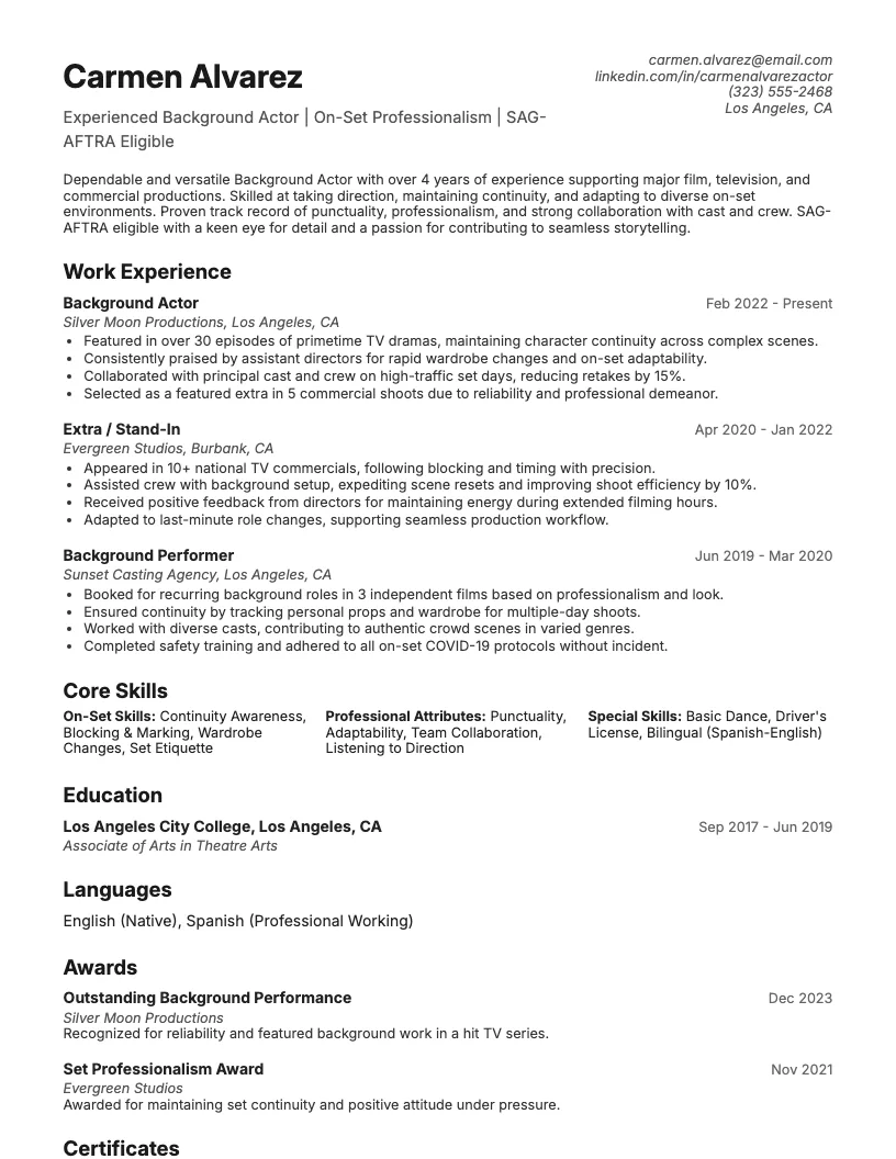 Background Actor Resume Example