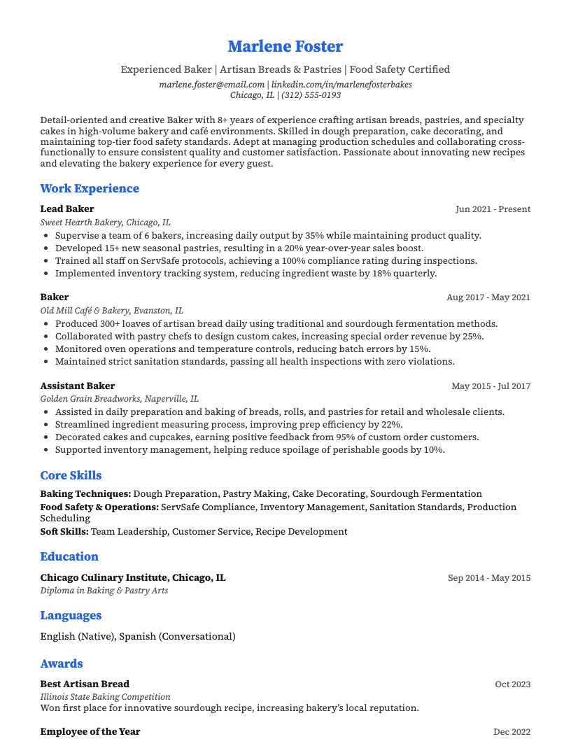 Head Baker Resume Example