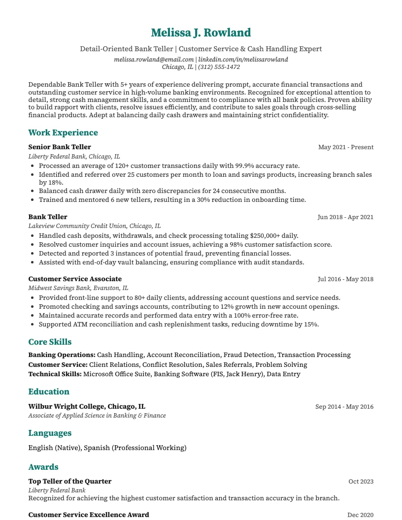 Bank Teller Resume Example