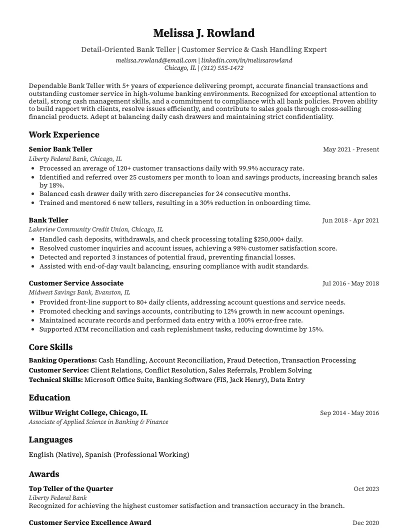 Bank Teller Resume Example