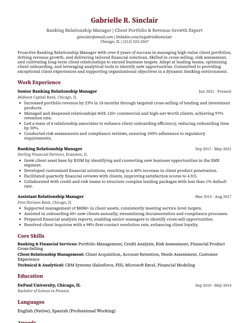 Banking Relationship Manager Resume Example