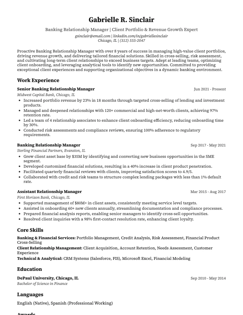 Banking Relationship Manager Resume Example