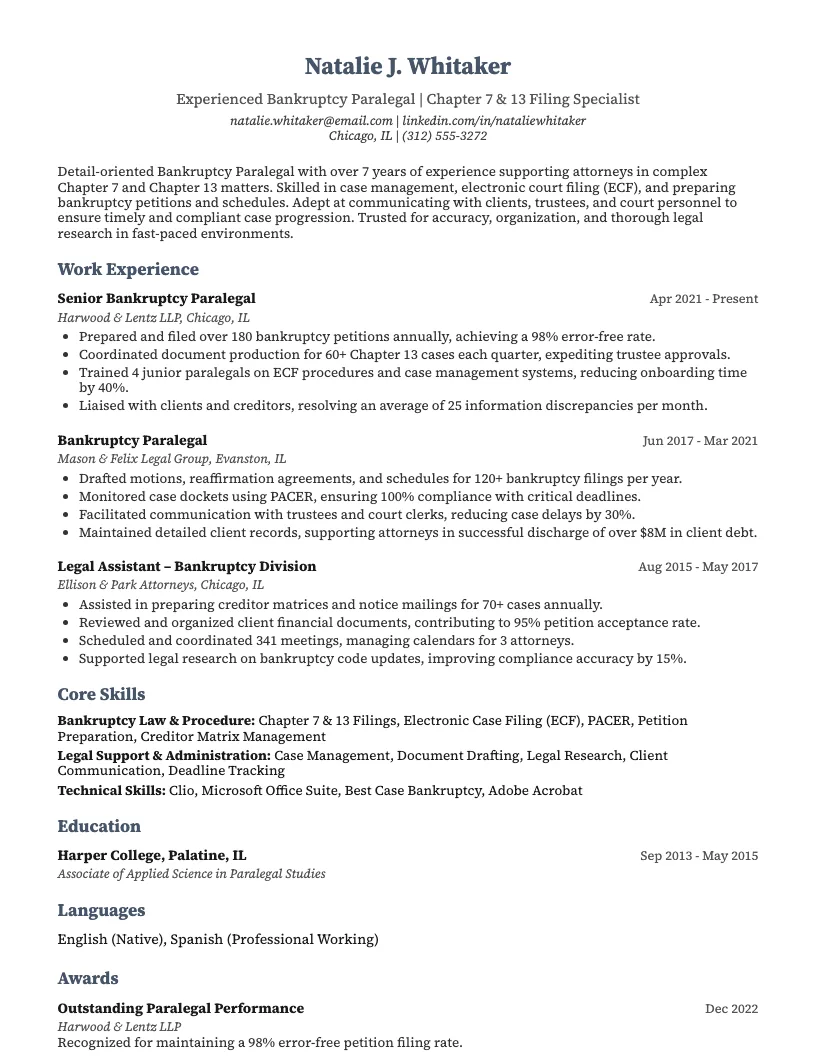 Bankruptcy Paralegal Resume Example