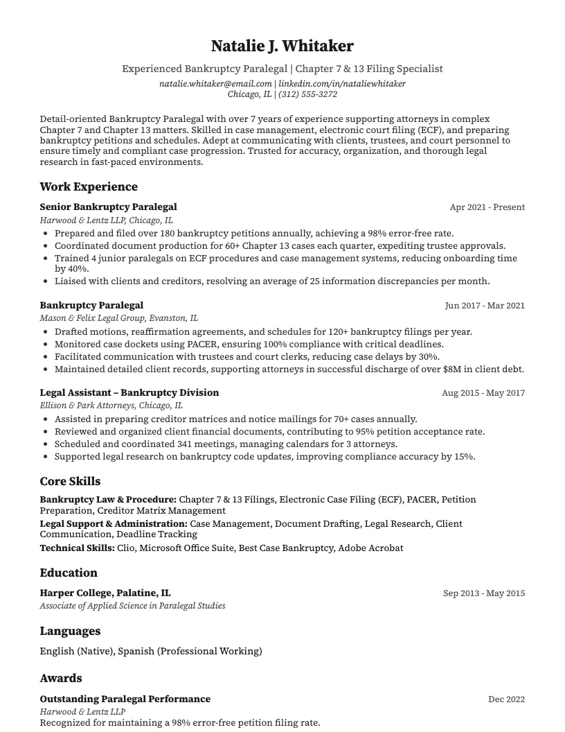 Bankruptcy Paralegal Resume Example