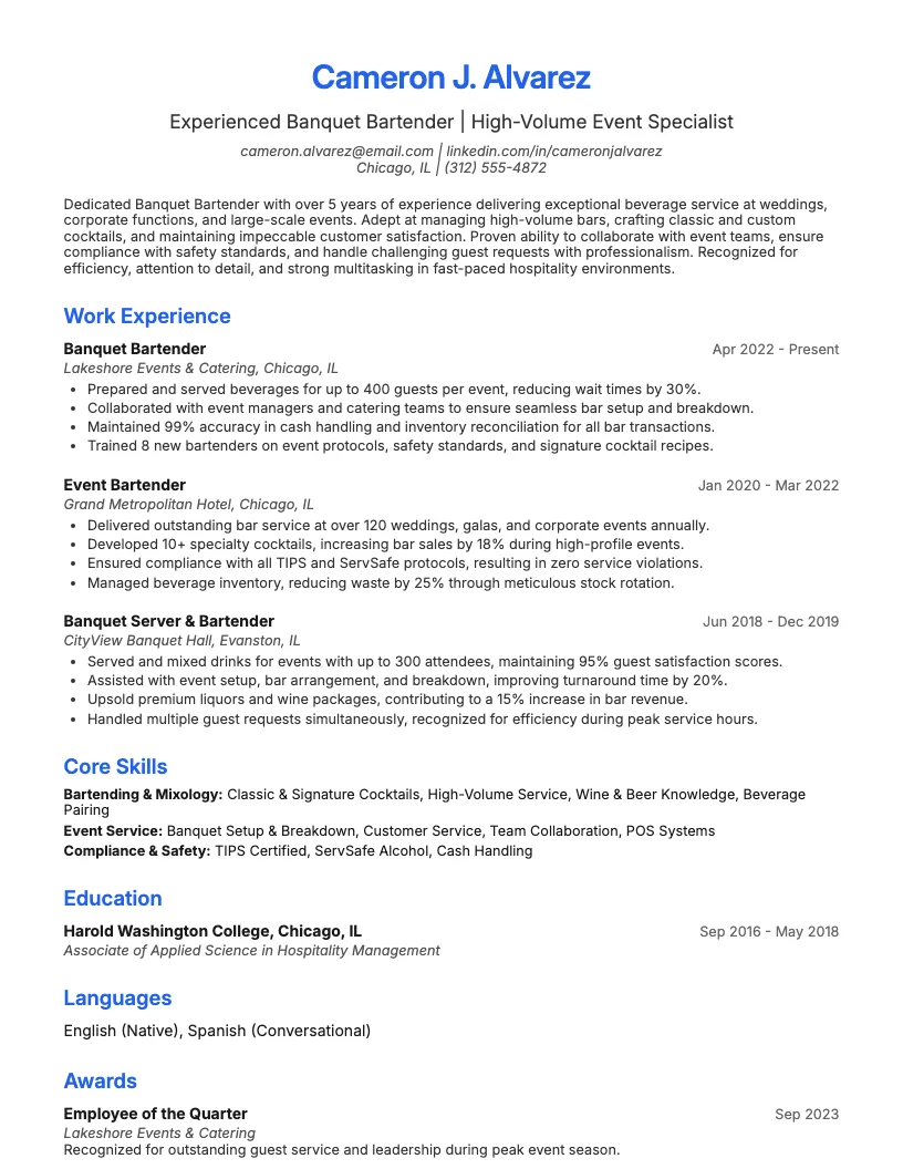 Banquet Bartender Resume Example