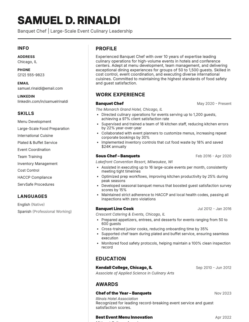 Banquet Chef Resume Example