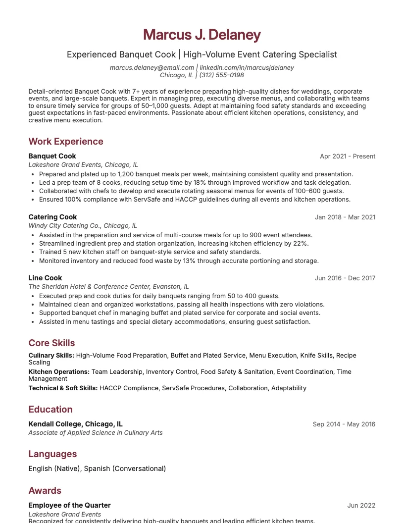 Banquet Cook Resume Example