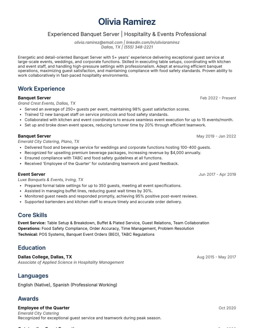 Banquet Server Resume Example