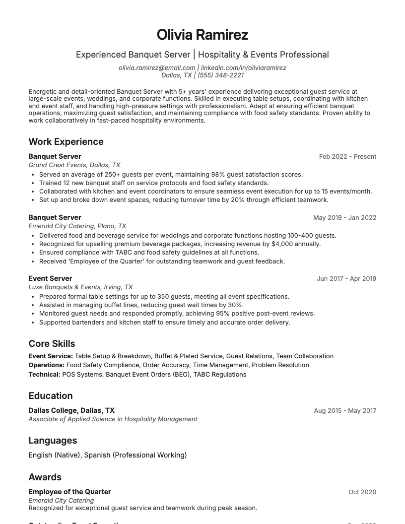 Banquet Server Resume Example