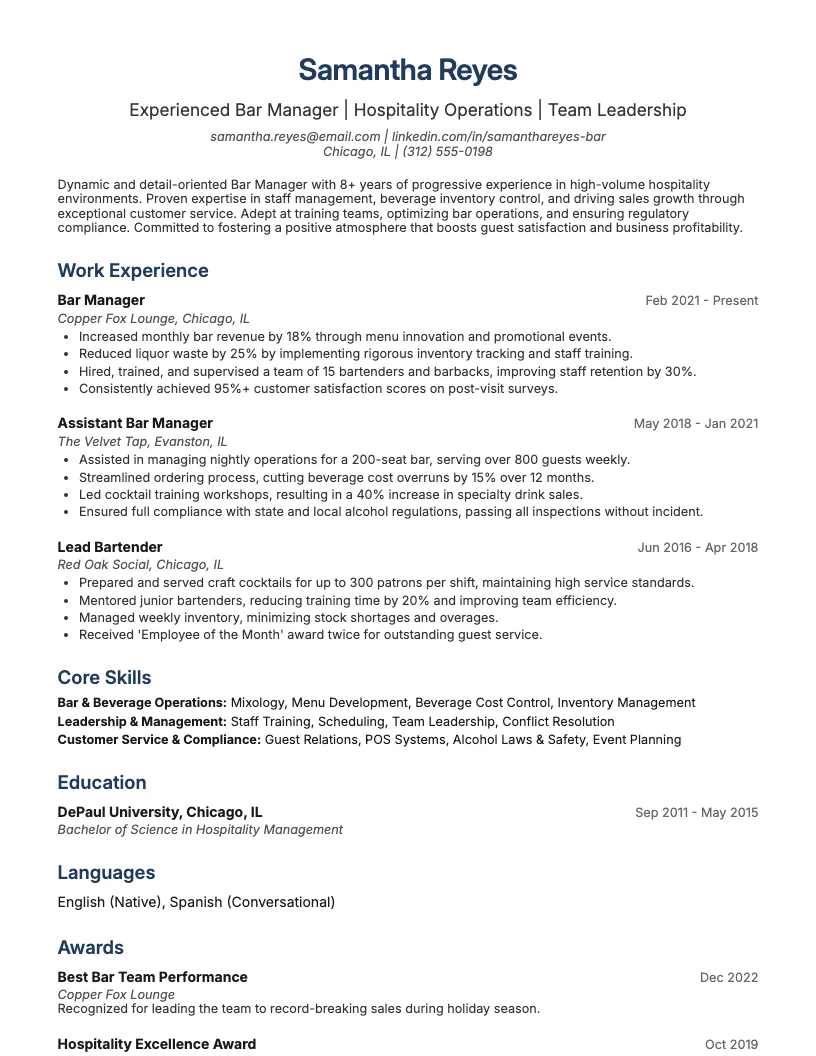 Bar Manager Resume Example