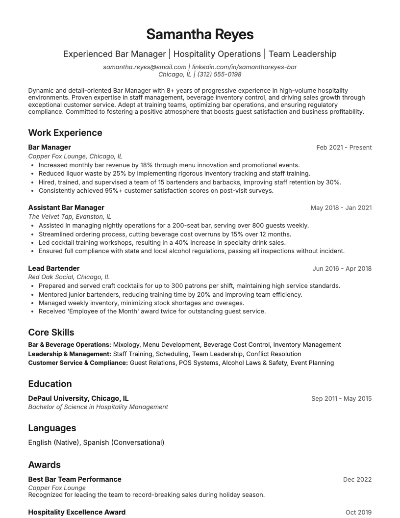 Bar Manager Resume Example