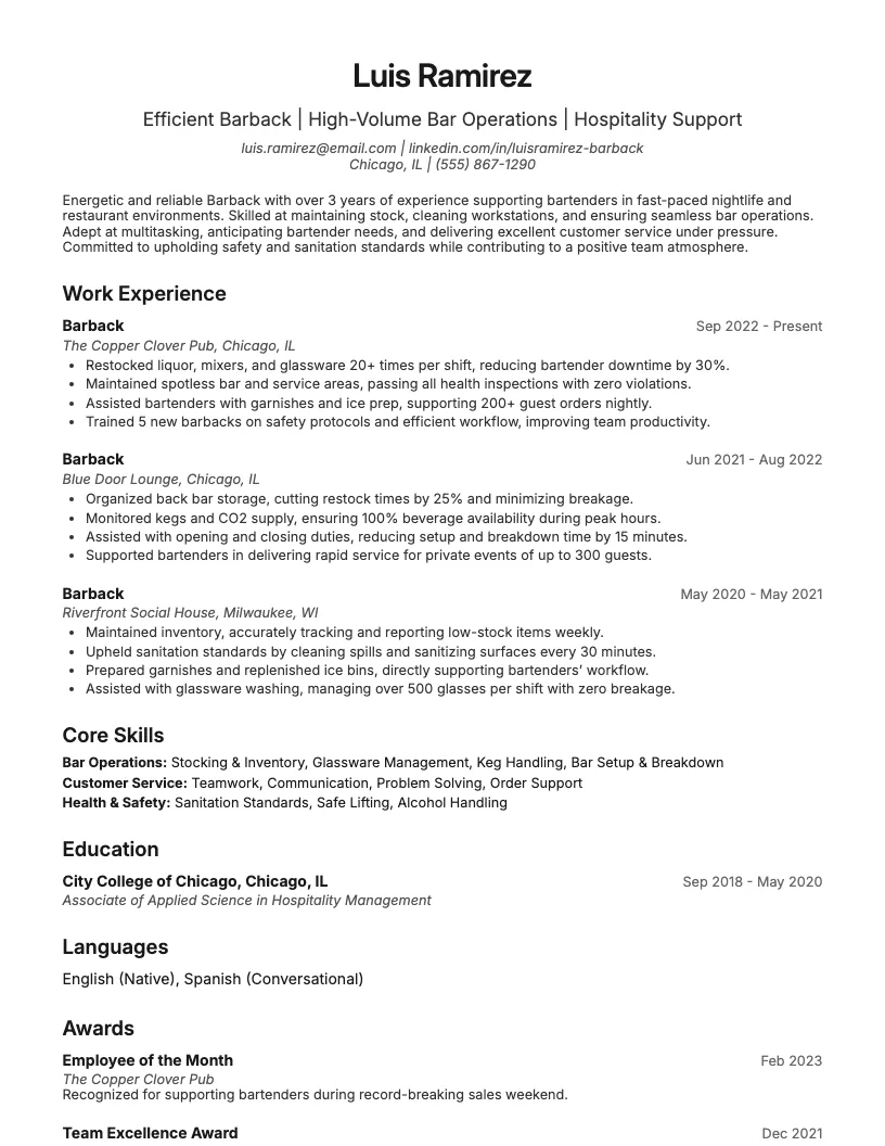 Barback Resume Example