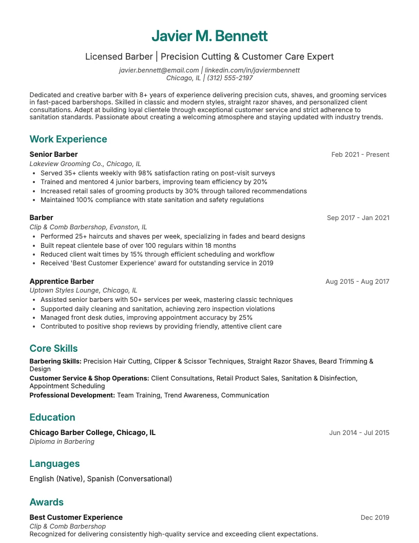 Men's Grooming Specialist Resume Example