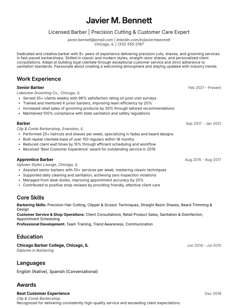 Barber Resume Example