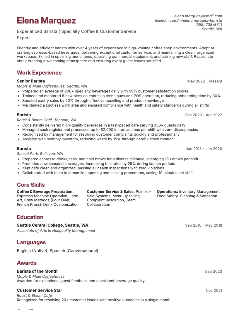 Lead Barista Resume Example