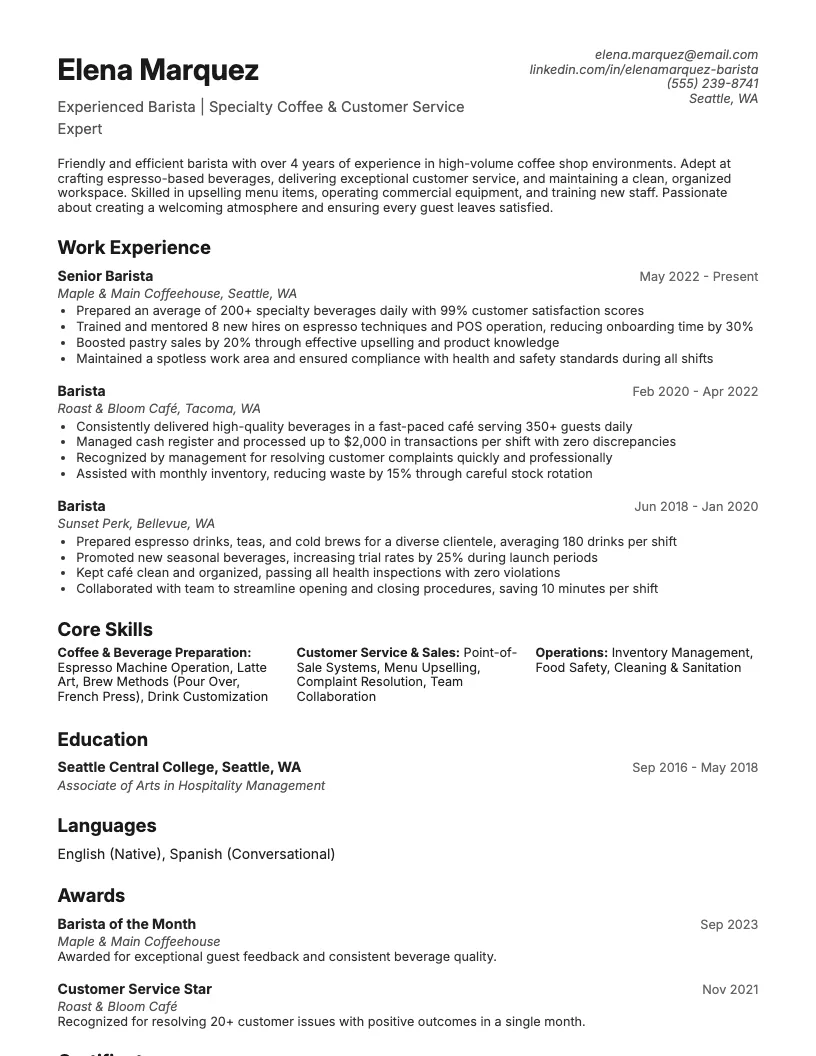 Barista Resume Example