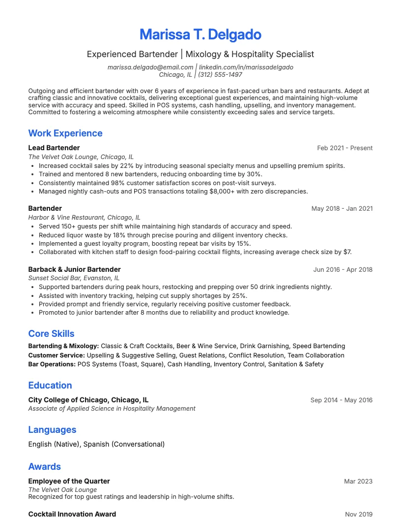 Bartender Resume Example