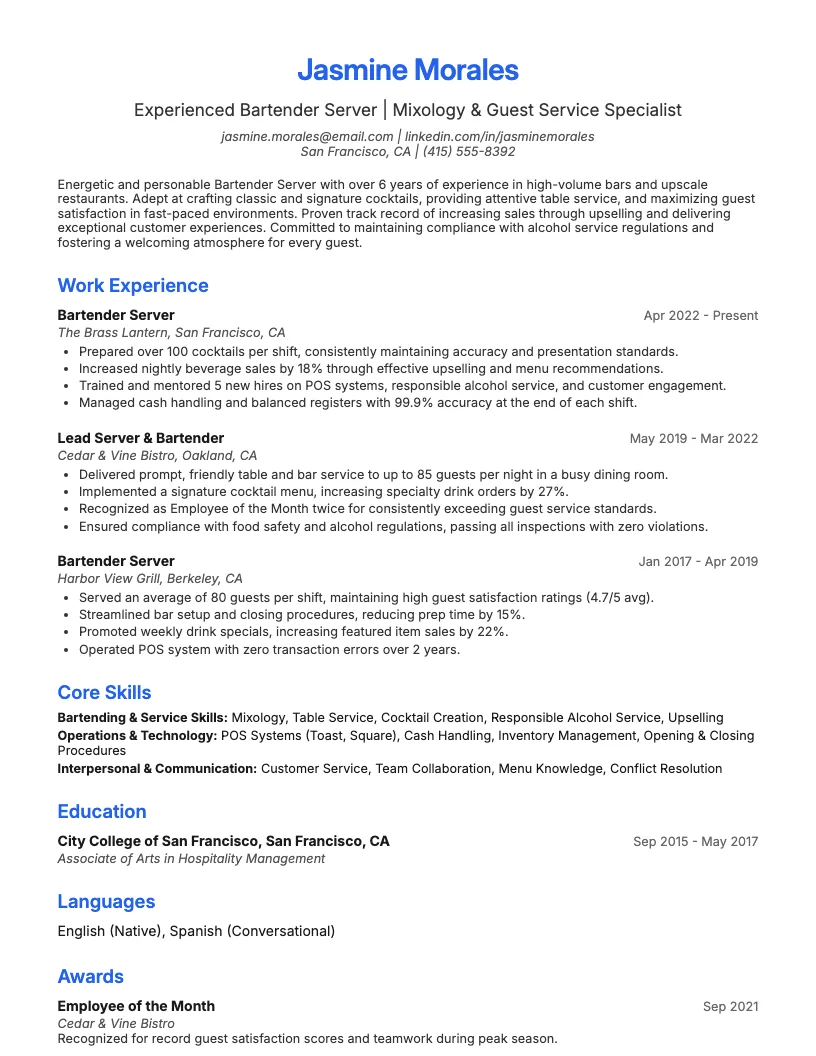 Catering Server Resume Example
