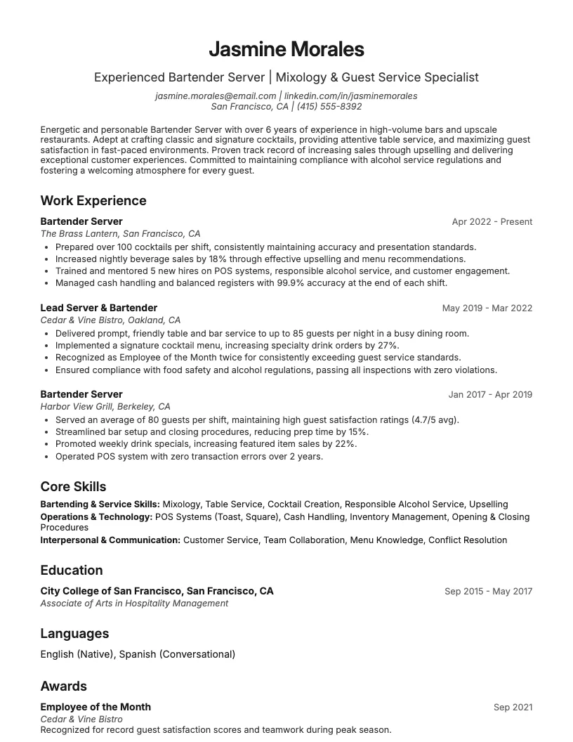 Bartender Server Resume Example