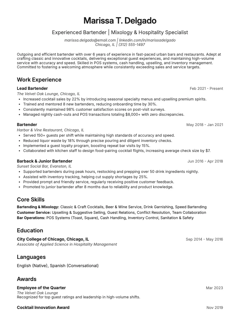 Bartender Resume Example