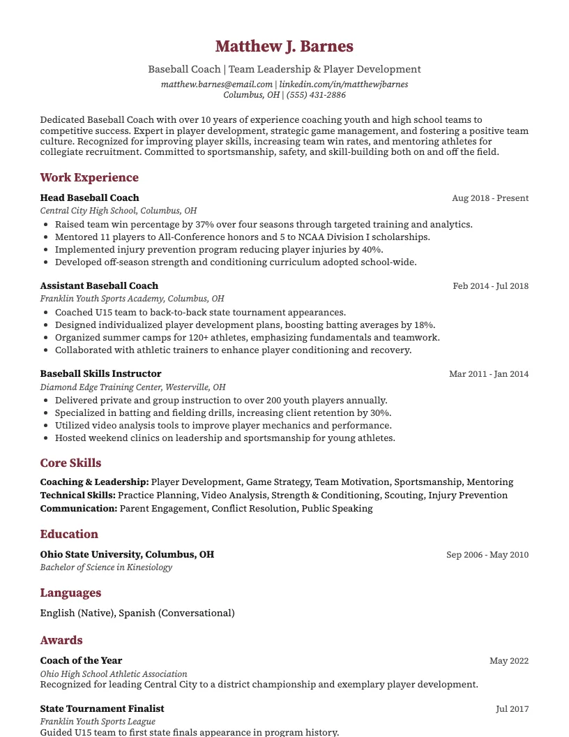 Baseball Coach Resume Example
