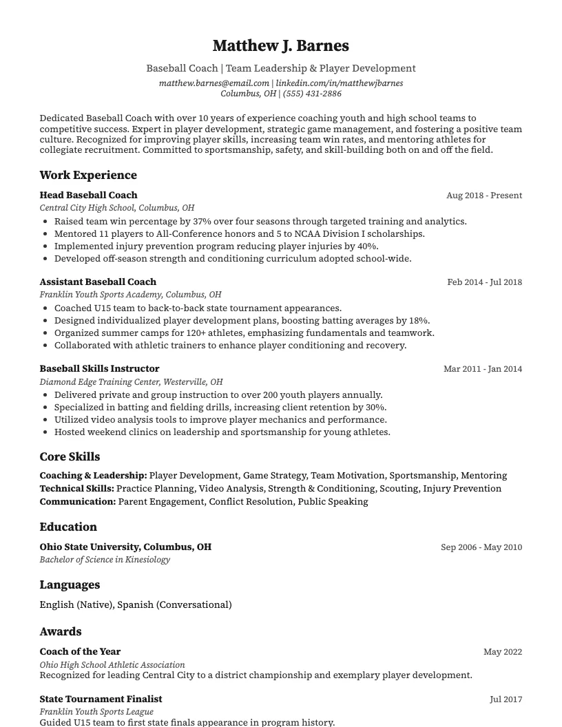 Baseball Coach Resume Example