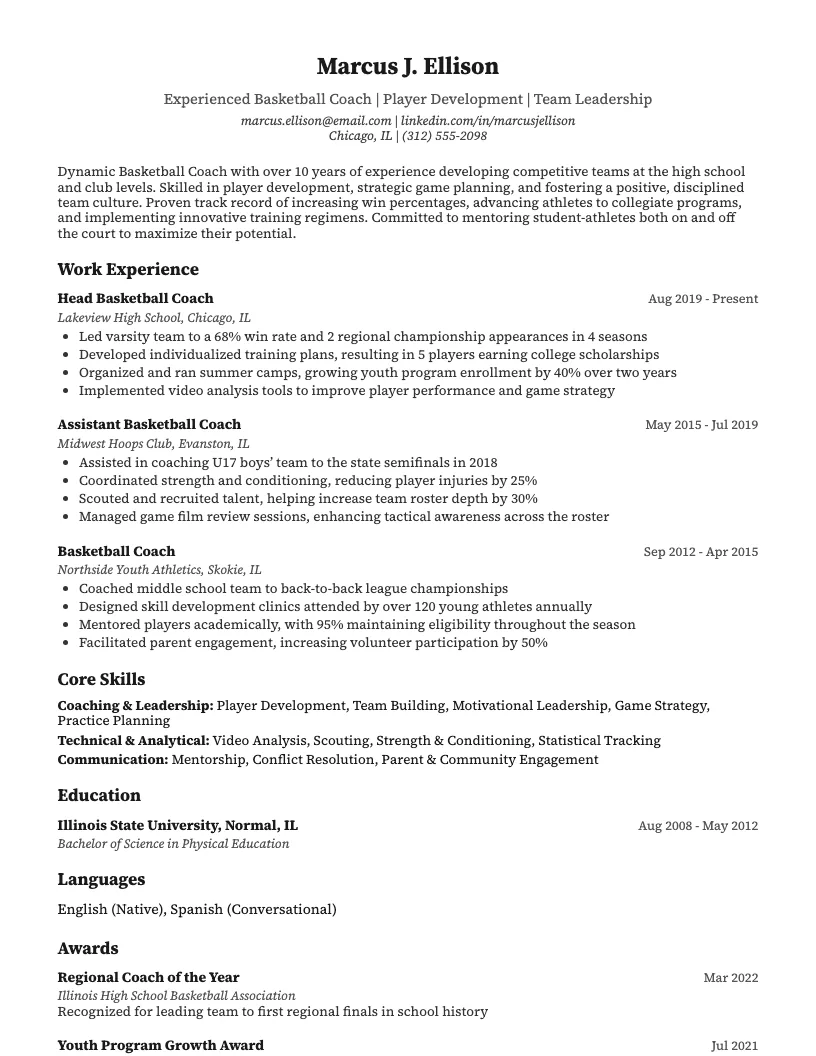 Basketball Coach Resume Example