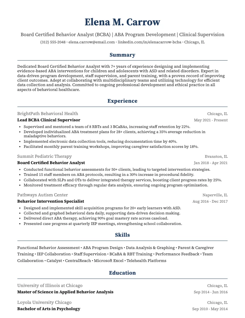 Clinical Supervisor (ABA) Resume Example