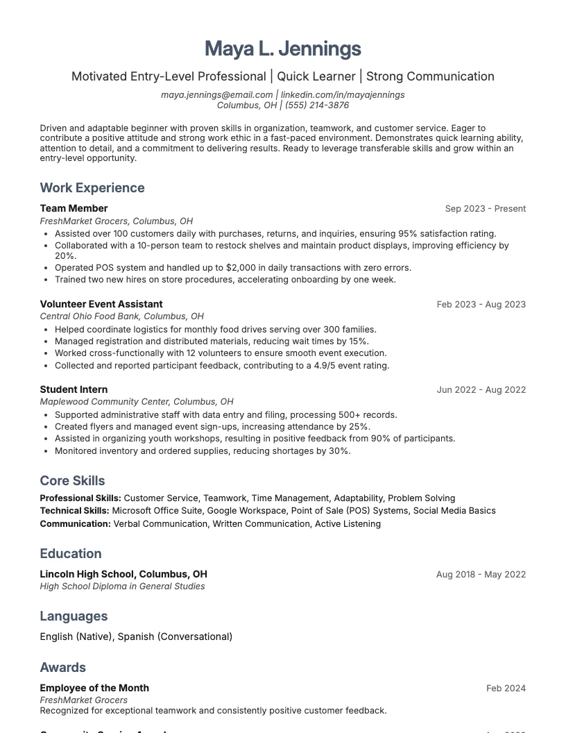 Beginner Resume Example