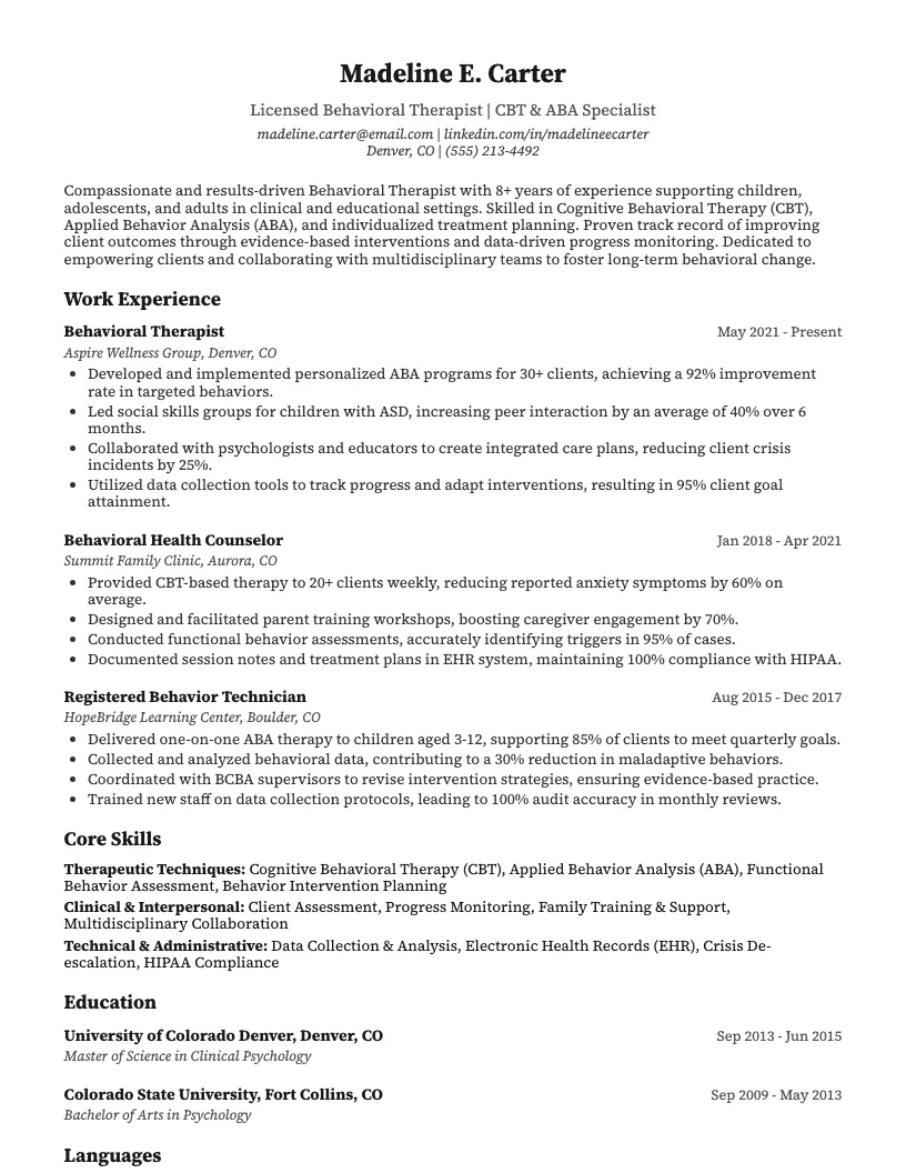 Behavioral Paraprofessional Resume Example