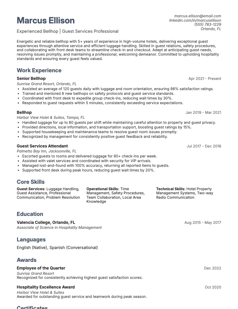 Bellhop Resume Example