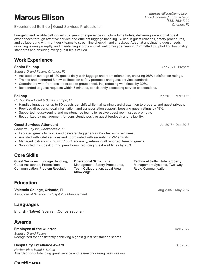 Bellhop Resume Example