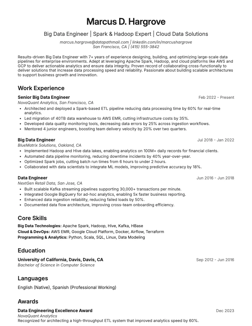 Big Data Engineer Resume Example